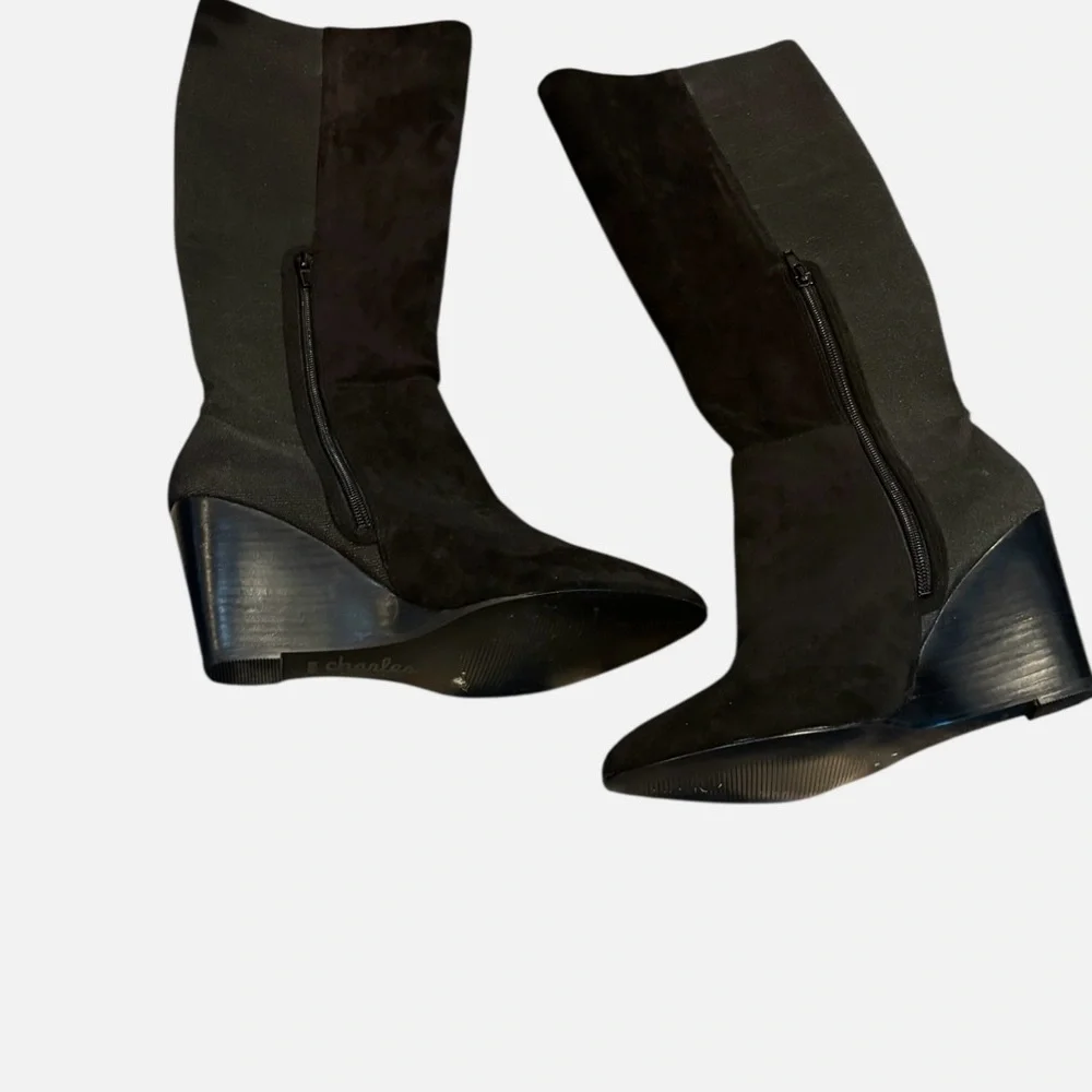 Charles By Charles David Easel Knee-High Black Velvet Pointy-Toe Wedge Boots